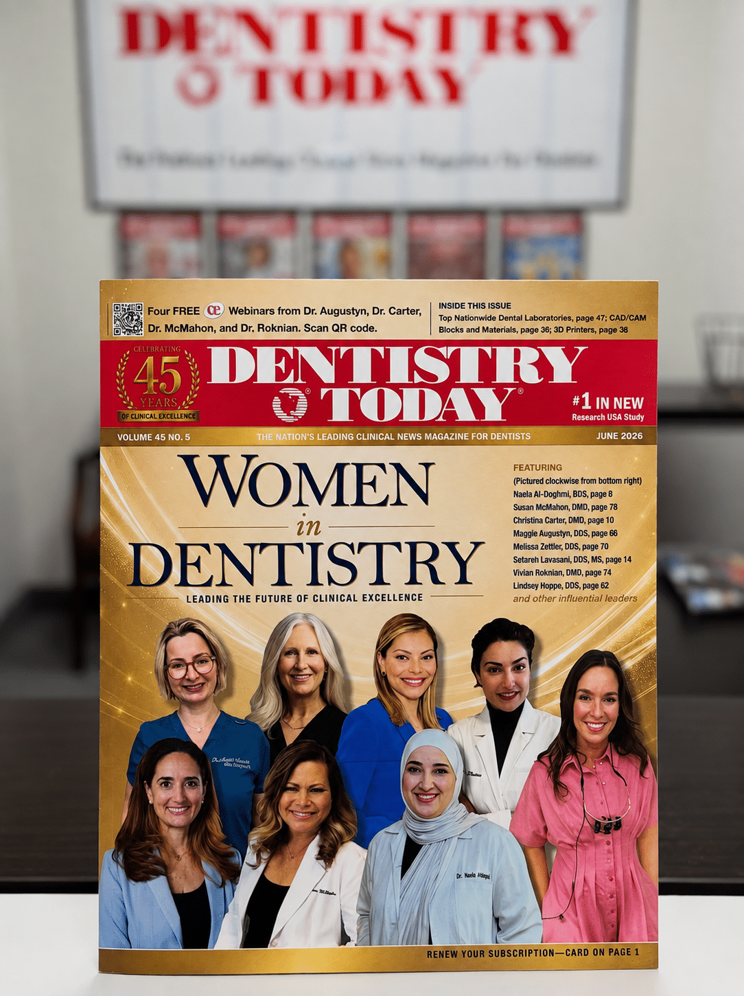 Front cover of Dentistry Today magazine featuring a group portrait of diverse women dentists in colorful scrubs and white coats, 'Women in Dentistry' title visible.